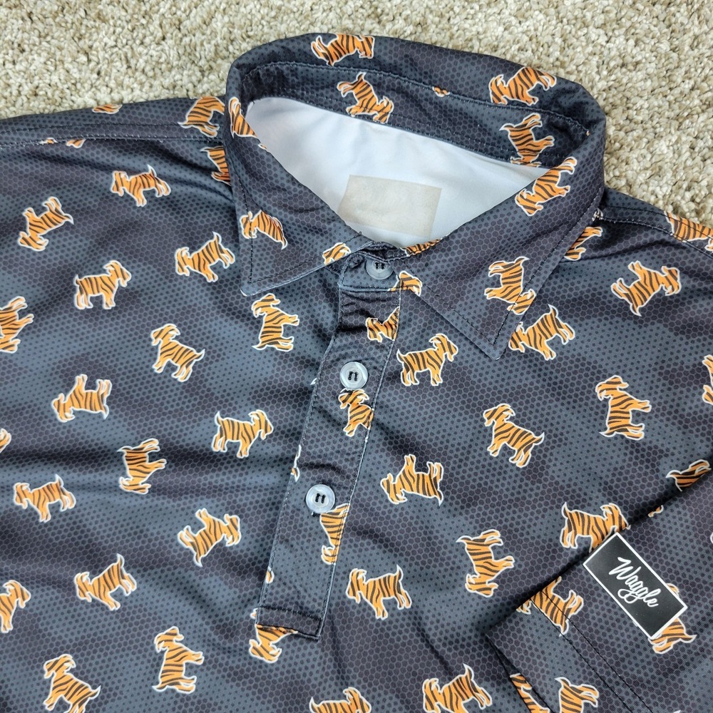 Waggle Mens Small Gray AOP Goat Tiger Performance Stretch Golf Polo Short Sleeve